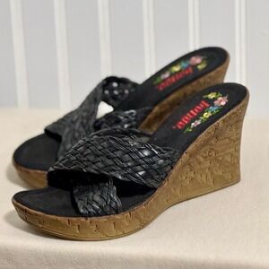 Vintage Bongo Wedge Sandals Women 7.5 Black Woven Strap Cork Platform Y2K Floral
